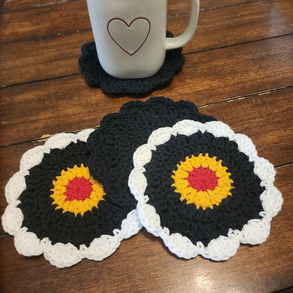Red Black White Gold Handmade Crochet Coasters (mug and bowl NOT included)